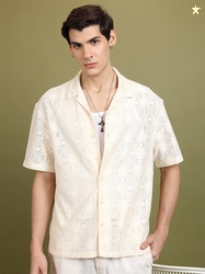 HIGHLANDER Floral Printed Oversized Cuban Collar Cotton Crochet Shirt