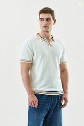Snitch Men Striped Polo Neck Pure Cotton White T-Shirt