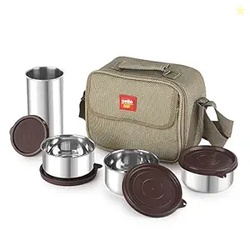 CELLO MF Fab Lunch Box Set with Jacket | Brown | Set of 4 | Stainless 