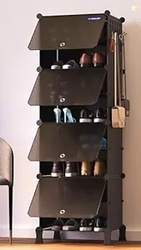 BOXJOY 8 Shelf Shoe Rack with 4 Black Doors, 5 Hook Steel Holder & Woo