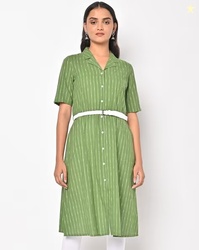 AURELIA Striped A-Line Kurta with Notched Lapel