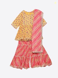 Biba Girls Yellow Floral Printed Kurti with Sharara & With Dupatta