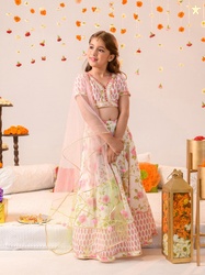 pspeaches Pspeaches Girls Off White And Pink Foil Cotton Lehenga Blous