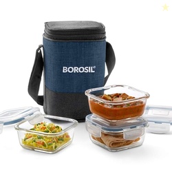 Borosil Elite Lunchbox with Bag | 320ml x 3pc Borosilicate Glass Squar