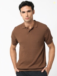 RARE RABBIT Men Jacquard Spread Collar Half Sleeve Cotton Slim Fit Pol