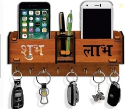 LAAYO SubhLabh Wooden Key Holder & Mobile Holder for Wall - 7 Hoo...mo