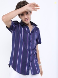 HIGHLANDER Men Blue & White Slim Fit Striped Cotton Casual Shirt