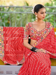 Satrani Bandhani Sequinned Embroidered Pure Georgette Bandhani Saree