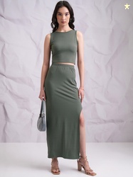 Tokyo Talkies Olive Green Ribbed Top With Skirt