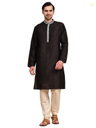 SKAVIJ Men's Art Silk Embroidered Kurta Pajama Set Thread Work Ethnic 