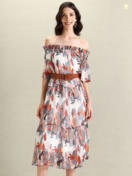 U.S. Polo Assn. Women Printed Off-Shoulder Bell Sleeves A-Line Midi Dr