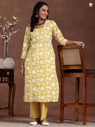 Libas Women Floral Printed Panelled Pure Cotton Kurta with Trousers