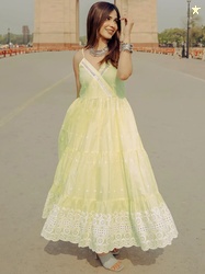 Libas Womens Yellow Self Design Cotton Anarkali Kurta With Trousers