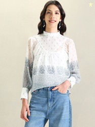 U.S. Polo Assn. Women Floral Printed High Neck Cuffed Sleeve Gathered 