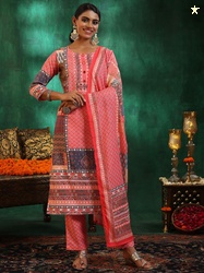 Gerua By Libas Floral Printed Mirror Work Linen Kurta with Trousers & 