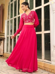Janasya Women Georgette Crop Top Skirt Set