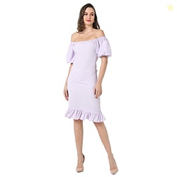 PINACOLADA Women's Lilac Puff-Sleeved Creased Dress for Casual Wear | 