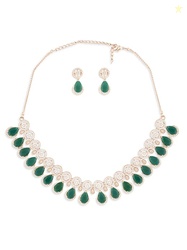 ZAVERI PEARLS Green TearDrop & Dazzling Cubic Zirconia Necklace & Earr