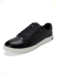 Mens Navy Blue Solid Lace Up Genuine Leather Casual Sneaker