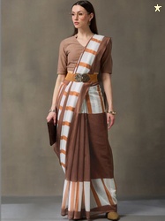 Navibhu Striped Printed Pure Linen Saree With Blouse Piece