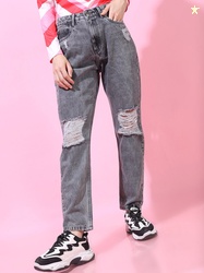 Tokyo Talkies Women Grey Straight Fit Highly Distressed Heavy Fade Jea
