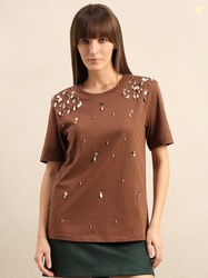 Vero Moda Embellished Self Design Pure Cotton T-shirt
