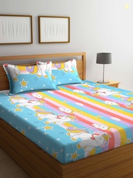 KLOTTHE Blue Cartoon Characters Polycotton 300 TC King Fine Bedsheet w