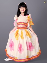 BAESD Girls Printed Flared Sleeves Silk & Georgette Ready to Wear Lehe