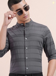 HIGHLANDER Highlander Men Charcoal Dobby Textured Striped Mandarin Col
