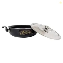 ATEVON Non-Stick Kadhai with Steel Lid, 26 cm, Black Cast Iron