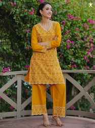 Gerua By Libas Floral Embroidered V-Neck Pure Cotton Tunic With Palazz