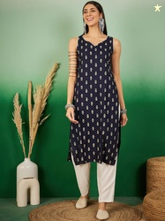 Sangria X fwd Floral Printed V Neck Sleeveless Straight Kurta