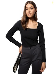 barcino Black Rib Stitch Square Neck Full Sleeves Top