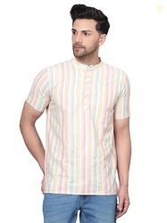 LATEST CHIKAN Men's Cotton Regular Casual Strped Short Kurta Half Slee