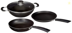 Amazon Brand - Solimo 3 Pcs Non Stick Cookware Set - Aluminium, Black