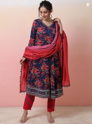 Sangria Blue Printed Angrakha V-Neck Pure Cotton Anarkali Kurta With T