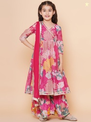 Bitiya by Bhama Girls Pink Floral Printed Angrakha Gotta Patti Kurta w