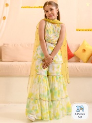 pspeaches Pspeaches Girls White And Green Tie Dye Georgette Kurta Shar