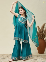 CurlyTales Girls Silk Embroidered Kurta and Sharara Set with Dupatta