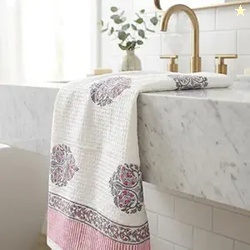 Peepul Tree 100% Pure Cotton Hand Towels Set of 2 in White & Pink Colo