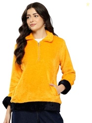 Aarika Womens Winter Wear Yellow-Black Colour Solid Fur Sweat Shirt-(M
