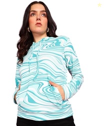 POPWINGS Women Polyester Casual Green Marble Print Hooded Neck Relaxed