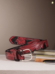 Celtic Women Red Textured Leather Belt Elegant Tang Closure