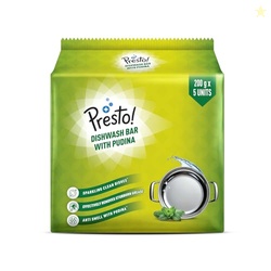 Amazon Brand - Presto! Dishwash Bar - Pudina | 200g | 5 Bars Each X Pa