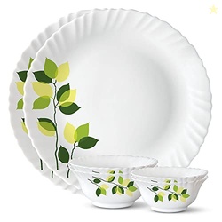 Larah by Borosil Green Leaves Silk Series Opalware Dinner Set | 6 Piec