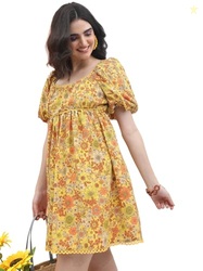 Tokyo Talkies Floral Printed Puff Sleeve Empire Dress Mustard