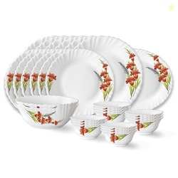 Larah by Borosil Red Iris Fluted Series Opalware Dinner Set | 27 Piece