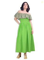 PURVAJA Womens Off Shoulder Cotton Dress(Floe-233-L_Green)