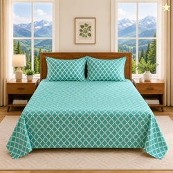 Linen and Loom Teal Geometric Queen Size Bedsheet with 2 Pillow Covers