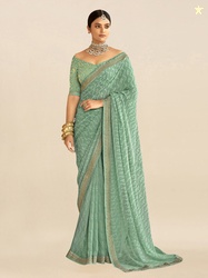 Mitera Sea Green & White Embroidered Pure Georgette Bandhani Saree